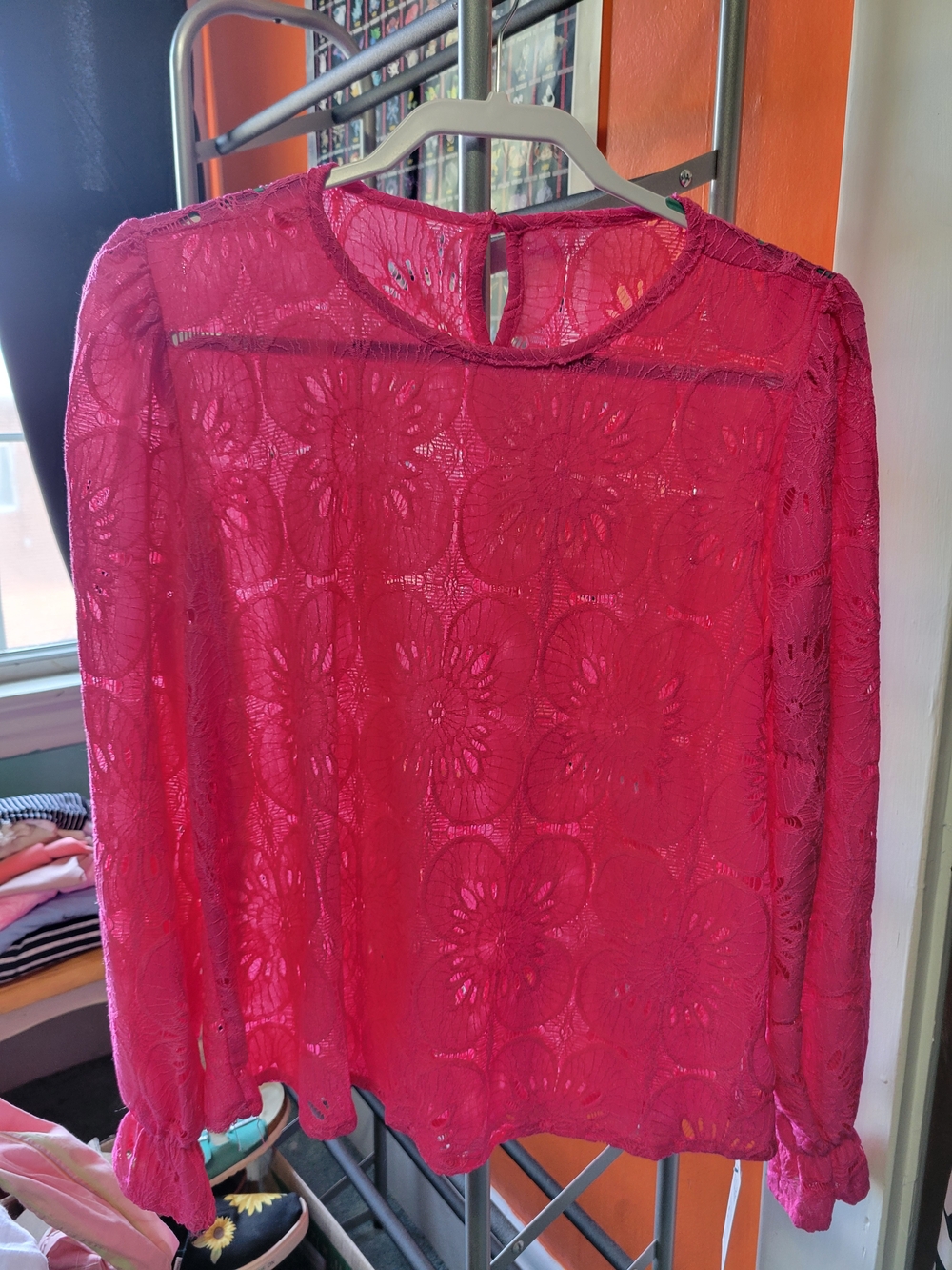 Pink Eyelet Lace Top with Puff Sleeves - Picture 2 of 4